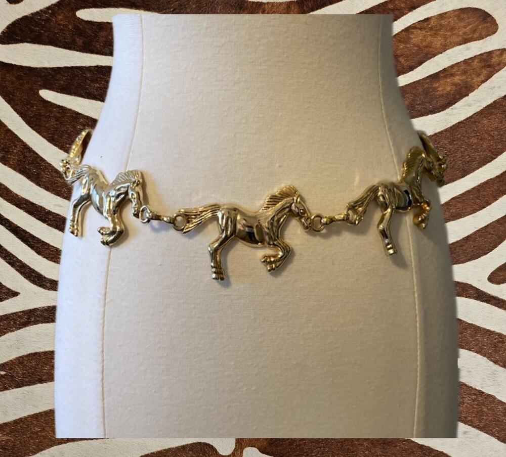ANNE KLEIN Vintage 1990's Gold Horse Shaped Modernist Adjustable Chain Belt